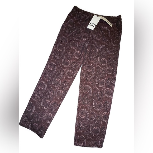 ZARA TRF Paisley Print Drawstring Pants ✨ Size Small | Burgundy boho Trousers - Picture 5 of 12